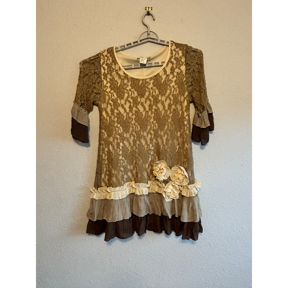 Lady Noiz Brown Floral Lace Ruffle Tunic Top 3D Rosette Cottagecore Boho M